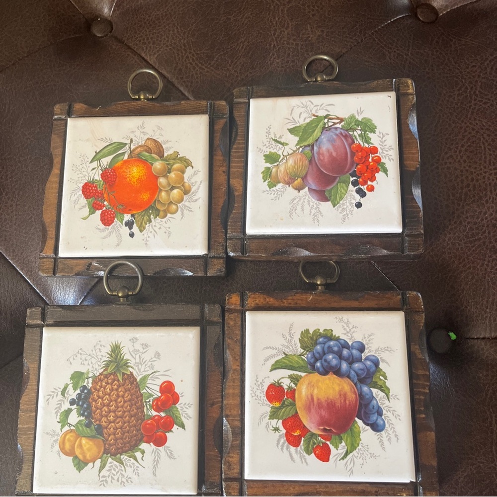 Vintage Jerry Schultz Fruit Pictures On Tile And Wood Wall Decoration.